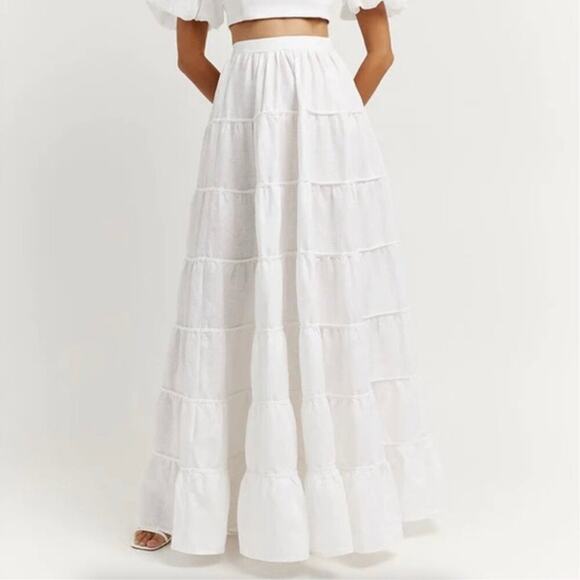 Dissh Skirt Sz 4 Linen Ruffle Maxi Long Tiered Boho Prairie White Peasant - Picture 1 of 9
